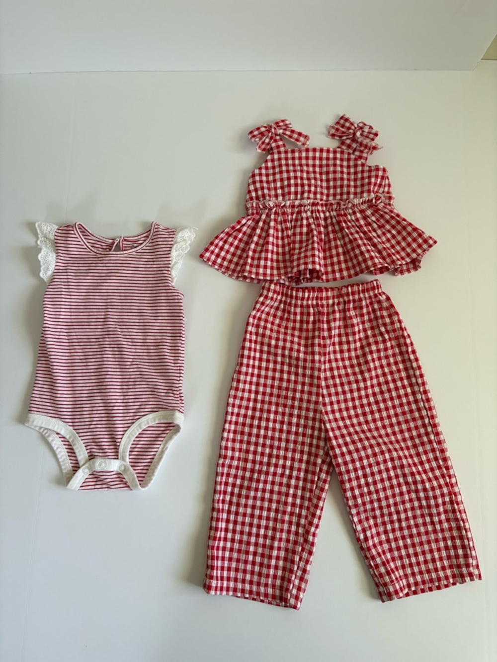 SHEIN Red Gingham Tank Top & Pants Set with Red Striped Bodysuit